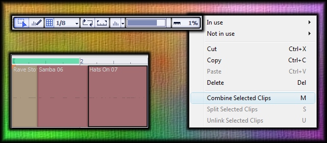 Snap to Grid, selected patterns, and Combine Selected Clips dialog.