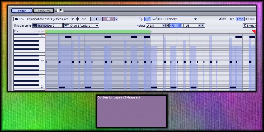 Full length pattern 'layered' mixdown in the Editor and the Arrange Pane.